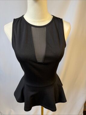 NWOT Guess Black Sleeveless Peplum Dress with Mesh Plunge